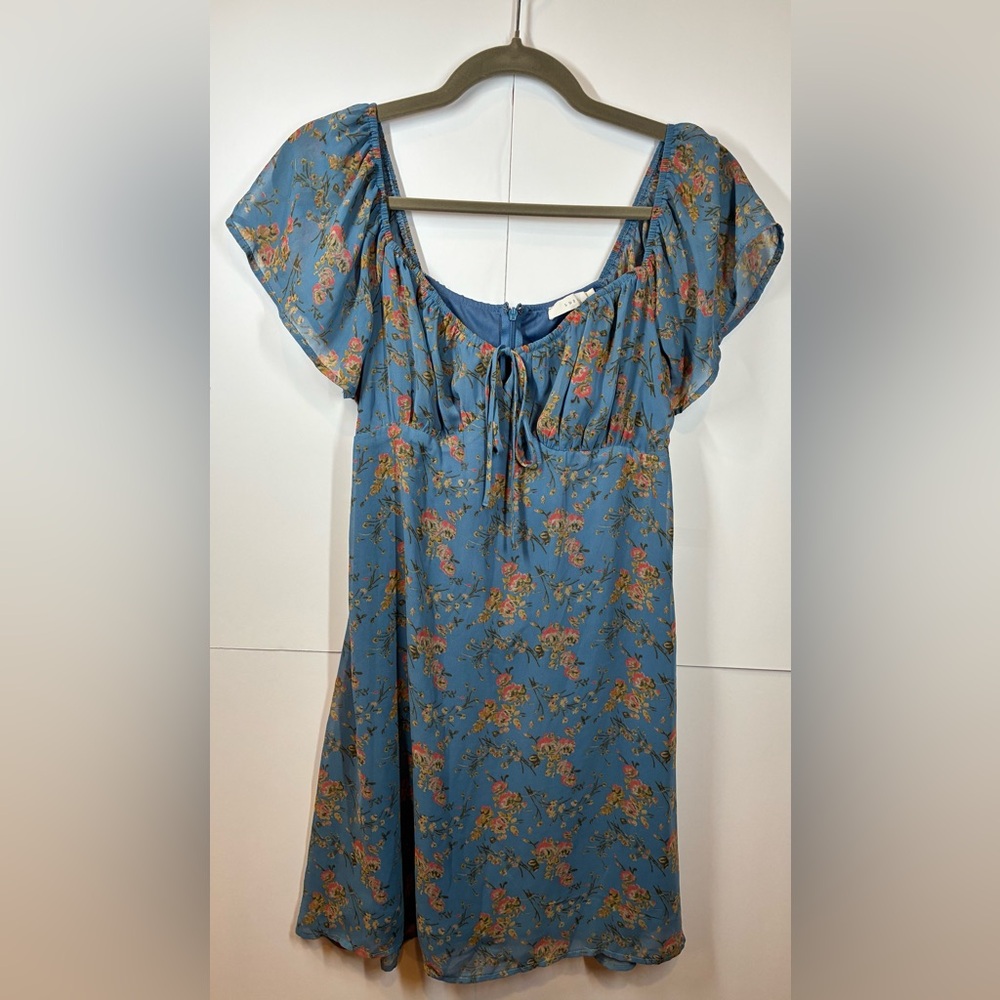 Lush Blue Coral Floral Tie-Front Mini Dress Size Medium
